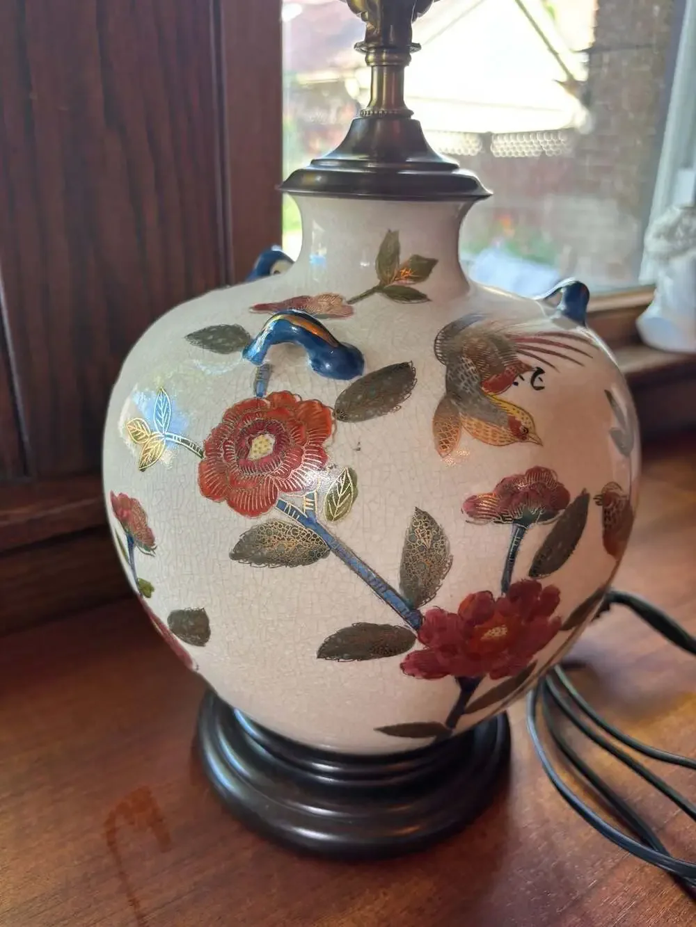 Vintage Chinoiserie Crackle Glaze Ceramic Bird And Floral Table Lamp